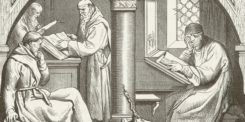 聖書を学んでいる修道士のルネッサンス式スケッチ
